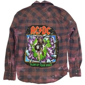 AC DC flannel distressed up cycle plaid graphic puffy letters acid wash bleach